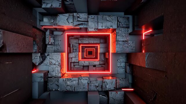 Geometric Neon Tunnel: The eye-catching sight of a neon red geometric tunnel is illuminated against the backdrop of an abstract stone wall
