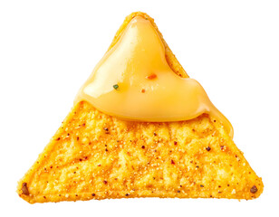 Crisp triangular corn chip topped with creamy yellow cheese sauce
