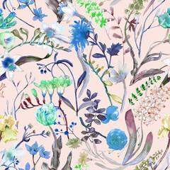 A floral seamless pattern with watercolor garden flowers. Seamless wallpaper with daffodils, hyacinths, freesia, and tulips.