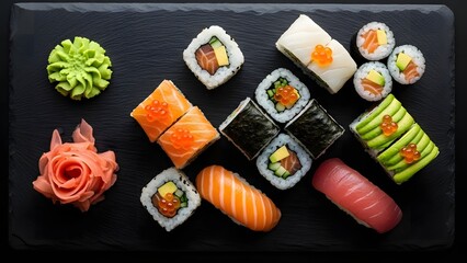 Assorted sushi platter with nigiri and colorful maki rolls on black slate