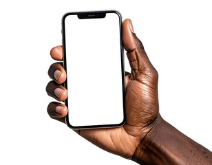 Dark-skinned hand holds a vertical smartphone with dark screen