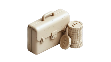 3D Isometric Beige Briefcase and Stack of Coins with Dollar Symbol on Transparent Background symbolizing finance and business success