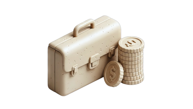3D Isometric Beige Briefcase and Stack of Coins with Dollar Symbol on Transparent Background symbolizing finance and business success