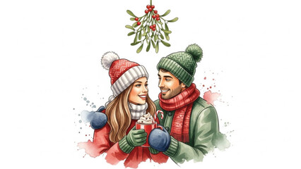 Christmas Couple Drinking Hot Chocolate Under Mistletoe, Cozy Winter Romance Watercolor Illustration