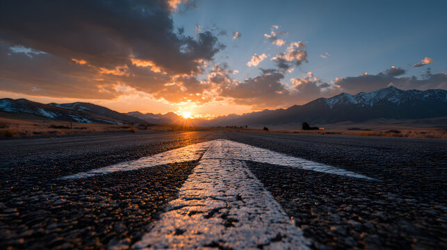 A straight road leading into the distance with an arrow pointing forward, symbolizing progress and future possibilities, set against a backdrop of sunset or sunrise sky.
