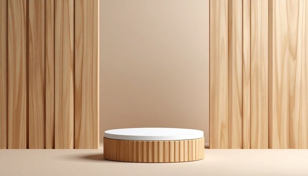 Realistic 3D white, wood brown cylinder podium background with vertical wood partition decorate. Wall minimal scene mockup products stage showcase, Banner promotion display. Vector abstract empty room