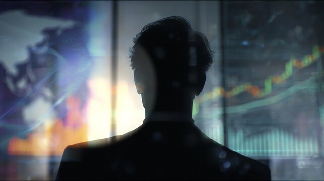 Silhouette of a Businessman Analyzing Data Trends Against a Background of Financial Graphs and Charts for Strategic Decision Making