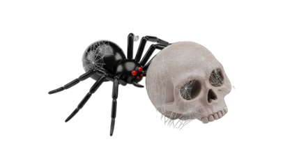 A Realistic Black Widow Spider with Red Eyes Carrying a Small Human Skull with Glitter Accents on a Transparent Background