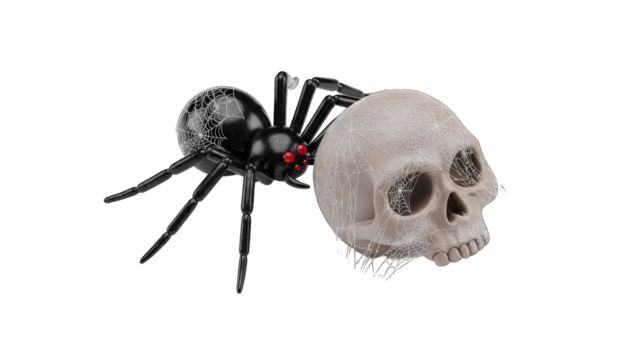 A Realistic Black Widow Spider with Red Eyes Carrying a Small Human Skull with Glitter Accents on a Transparent Background - Powered by Adobe