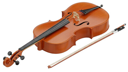 Fototapeta premium A Detailed Cello With A Bow On A Transparent Background, The Polished Wooden Body Gleaming Under Soft Light, Showcasing Its Classic Design And Musical Craftsmanship