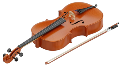 A Detailed Cello With A Bow On A Transparent Background, The Polished Wooden Body Gleaming Under Soft Light, Showcasing Its Classic Design And Musical Craftsmanship