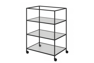 Modern black metal serving cart on wheels with white shelves, minimalist and functional storage unit on transparent background