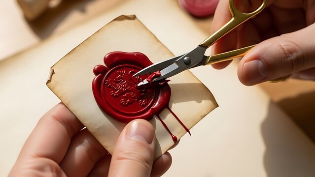 Opening vintage wax sealed letter with golden scissors for secret message