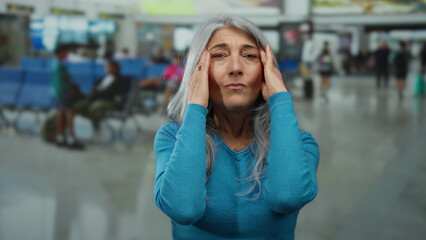 Fototapeta premium Senior woman with grey hair in blue sweater expressing frustration in an indoor airport terminal with blurred travelers in the background.
