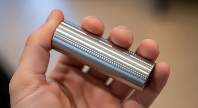 Shiny metal cylinder held in hand showcasing precision and craftsmanship