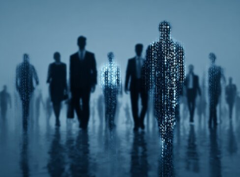 Silhouetted Figures in a Digital Realm: Exploring the Intersection of Humanity and Technology Symbolized by Binary Code