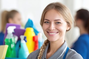 Smiling woman with a braided hairstyle wearing an apron, standing near colorful cleaning supplies like spray bottles and sponges. The background suggests a cleaning work environment