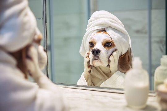 Dog wrapped in towel, gazing at own reflection in bathroom mirror, creating a humorous scene. The canine's expression and posture add a playful touch to the serene ambiance