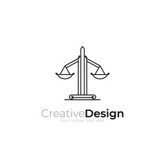modern scales, law logo design vector with line style in black color