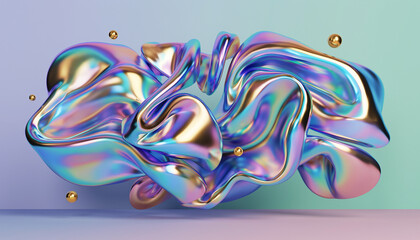 Fototapeta premium Iridescent, shiny, abstract object with rainbow colors and reflective surface on a gradient background with small gold spheres.