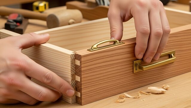 Hands assembling wooden drawer with dovetail joints and brass hardware