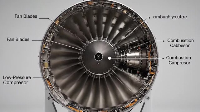Jet engine turbine detailed view showing fan blades and internal components