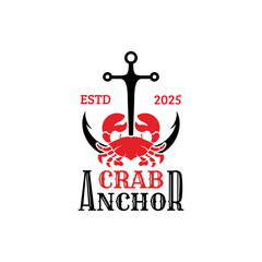 simple anchor and crab combination, marine logo design vector with flat style in black and red color