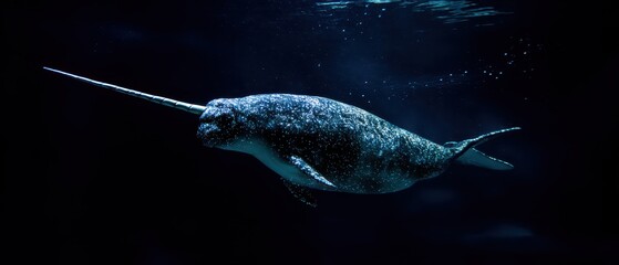 Magical narwhal swimming in dark ocean waters