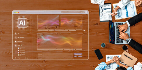 A dynamic business meeting showcasing a digital interface for artificial intelligence analysis, featuring professionals collaborating over laptops and charts on a wooden table. Trope