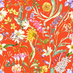 A floral seamless pattern with watercolor garden flowers. Seamless wallpaper with daffodils, hyacinths, freesia, and tulips.