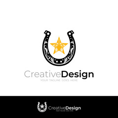 vintage horseshoe and star logo design vector with flat style in black and yellow color