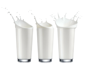 Three white liquid splashes in clear glasses on black background