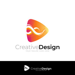 3d flame play button logo design vector with 3d style in orange color