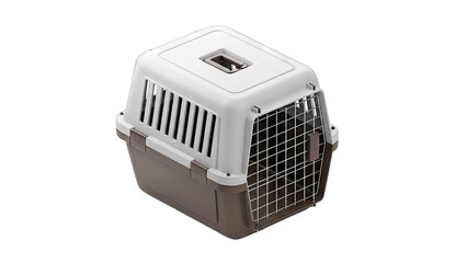 A Modern Pet Carrier With A White Top And Brown Base Designed For Travel And Safety With Ventilation Slots And A Sturdy Handle On A Transparent Background