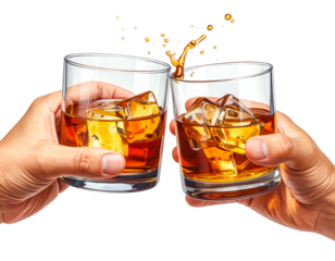 Two hands clink amber drinks with ice, a celebratory splash