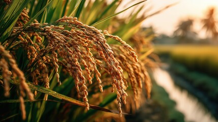 Fototapeta premium Golden Rice Crops in Field at Sunset with Soft Light and Vibrant Green Background