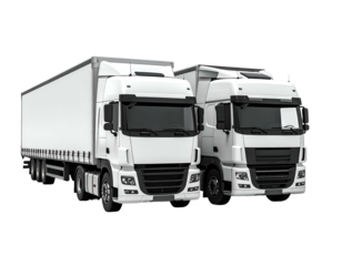 Two modern white commercial trucks with clean design, black background