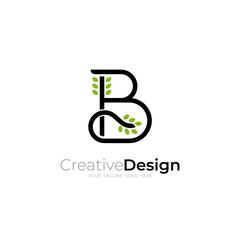minimalist letter B and leaf element logo design vector with line style in black and green color