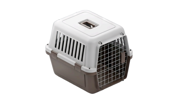 A Modern Pet Carrier With A White Top And Brown Base Designed For Travel And Safety With Ventilation Slots And A Sturdy Handle On A Transparent Background
