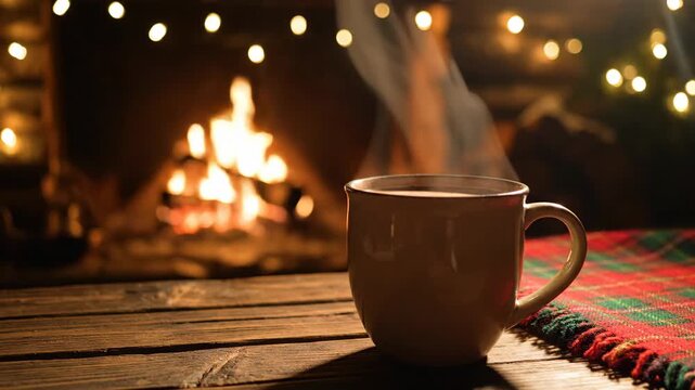 Cozy Fireside Scene with Steaming Mug and Warm Lighting Atmosphere for