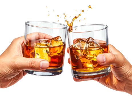 Two hands clink amber drinks with ice, a celebratory splash - Powered by Adobe