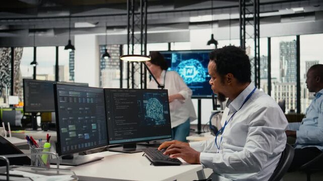 Computer scientist working in AI startup trains predictive models for language processing tasks. African american man uses machine learning technical expertise for complex IT requirements, camera A