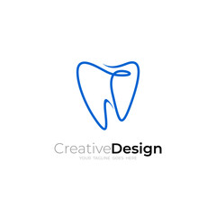 simple dental logo design vector with line style in blue color