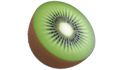 A single sliced kiwi fruit reveals its vibrant green flesh speckled with tiny black seeds and a fuzzy brown peel isolated on a transparent background creating a fresh and healthy food illustration