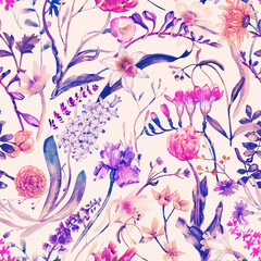 A floral seamless pattern with watercolor garden flowers. Seamless wallpaper with daffodils, hyacinths, freesia, and tulips.