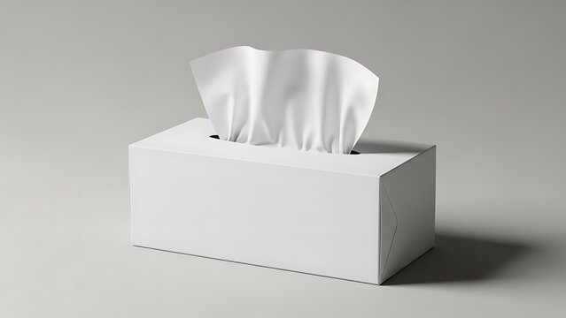 Ultra quality image of box of tissues mockup concept. A simple white tissue box with tissues partially pulled out, set against a neutral gray background. High quality