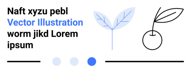 Abstract leaves, cherry icon, text blocks, and decorative lines in minimal style. Ideal for branding, app design, eco concepts, websites, modern presentations infographics simple landing page