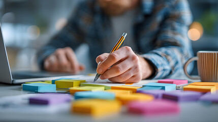 close up of hands drawing business model canvas with colorful sticky notes and laptop in background, conveying sense of creativity and planning in modern office setting