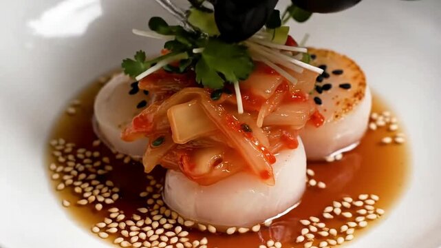 Fusion scallop dish with Korean umami and Japanese acidity