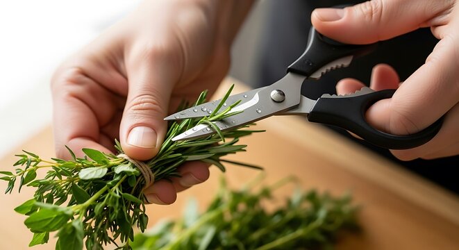 Fresh herbs being expertly trimmed with precision kitchen shears indoors